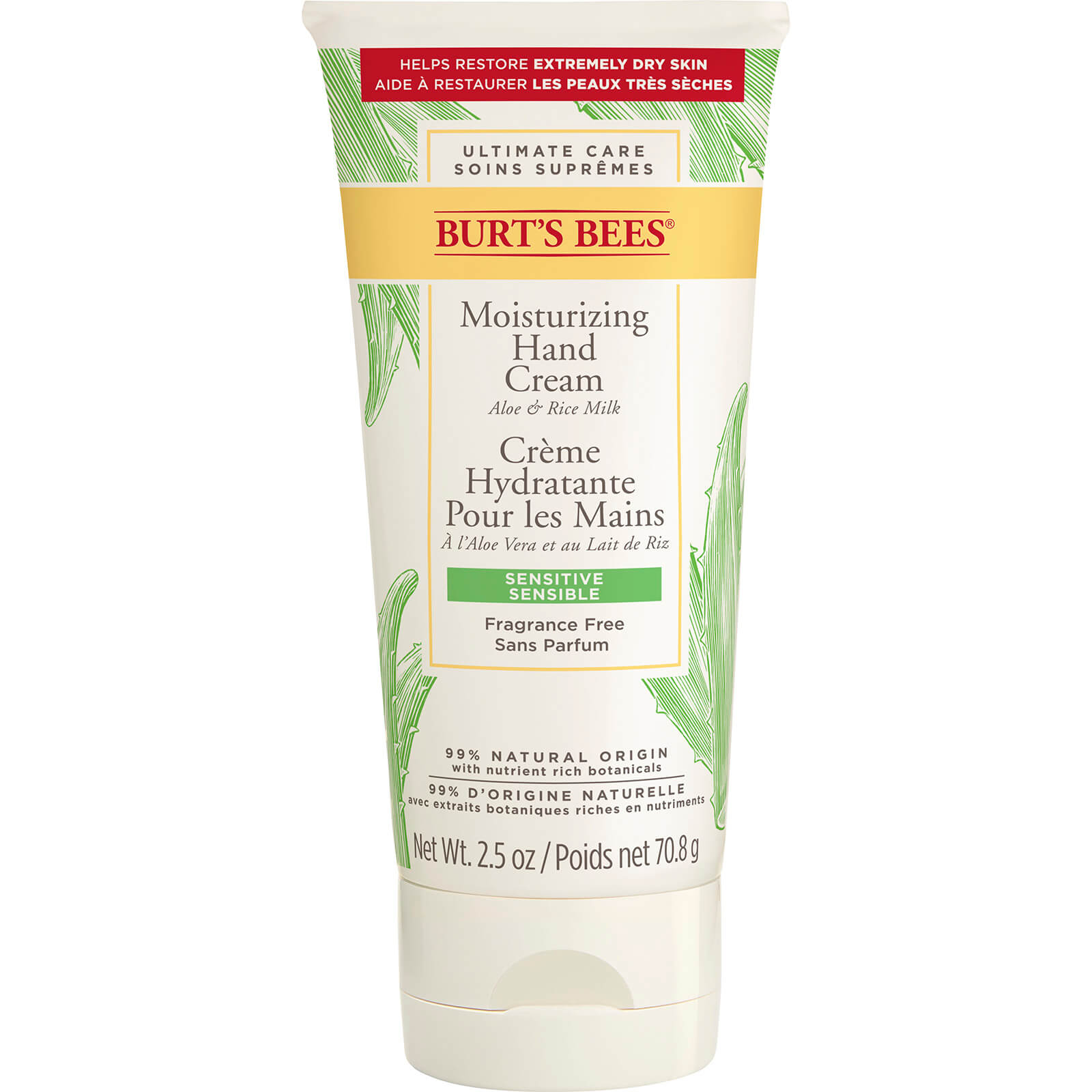 Burt's Bees Sensitive Hand Moisturizer in a white tube with green leaf accents, featuring "Moisturizing Hand Cream" and "Sensitive" labels, 71g size, fragrance-free formula.