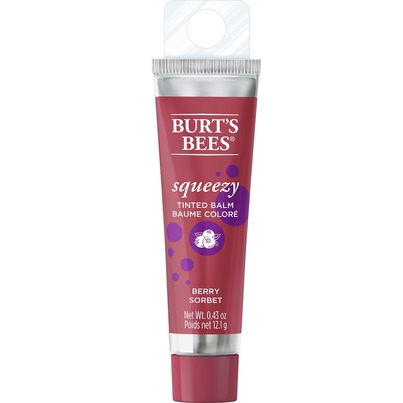 Burt's Bees squeezy tinted lip balm in Berry Sorbet, featuring a maroon tube with a silver cap and purple accents, labeled with the brand name in white letters.