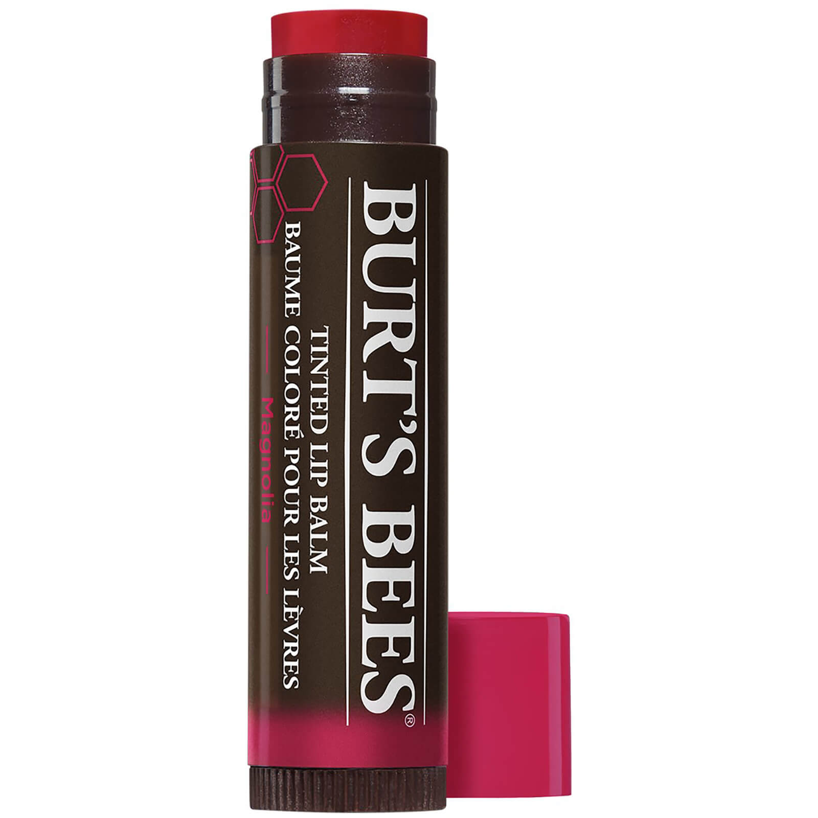 Burt's Bees Magnolia Tinted Lip Balm in a dark brown tube with a pink cap, featuring the brand name and product details in white text, 0.15 oz size.