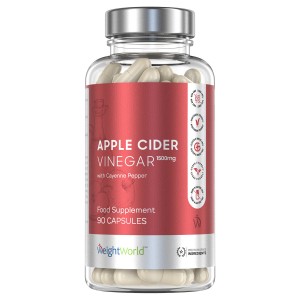 Clear plastic bottle containing 180 vegan capsules, labeled "WeightWorld Apple Cider Vinegar 1860mg with Mother & Probiotics," featuring a red and white design with a silver cap.
