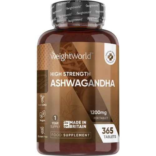 Brown plastic bottle with a black lid, labeled "WeightWorld" and "High Strength Ashwagandha 1200mg," containing 365 tablets, marked vegan and gluten-free, with a one-year supply indication.