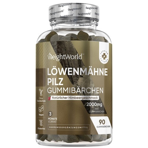 Transparent bottle containing 90 Lion's Mane Mushroom gummies, featuring a dark green label with German text, highlighting 2000mg dosage and raspberry flavor.