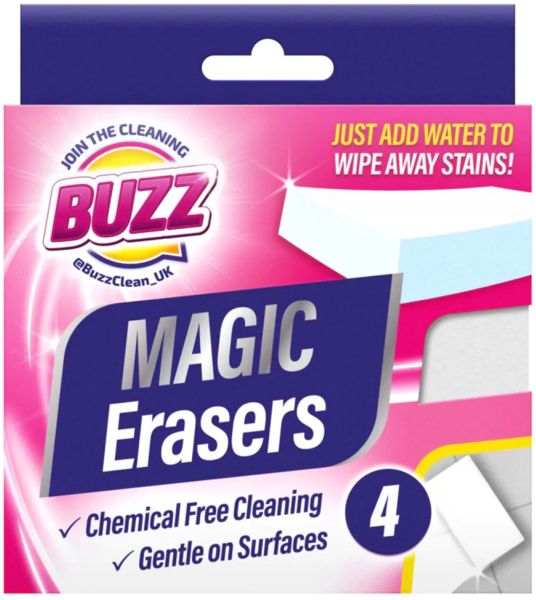 Four white sponge erasers packaged in a colorful box, featuring the "Buzz" logo and text highlighting chemical-free cleaning and gentle surface use.