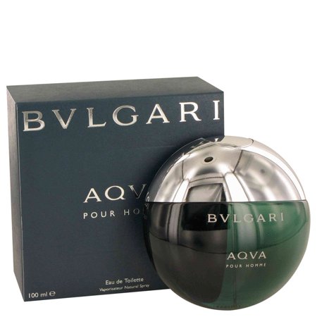 A round, metallic bottle with a dark green base, featuring the name "AQVA POUR HOMME" in silver, alongside a sleek black box with "BVLGARI" prominently displayed.
