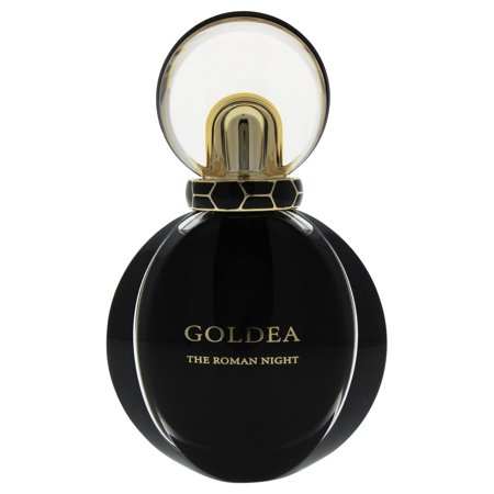 Elegant black glass bottle with a round base, featuring a gold cap and a clear orb on top, labeled "GOLDEA THE ROMAN NIGHT" in gold lettering.