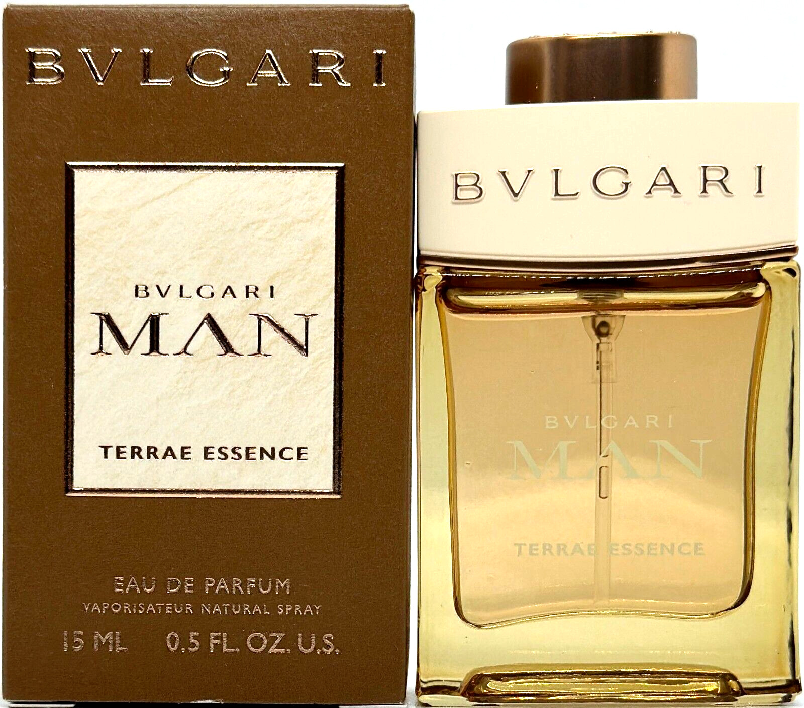 Bvlgari Man Terrae Essence EDP in a clear glass bottle with a gold cap, presented in a brown box featuring the brand name and product details in gold lettering.
