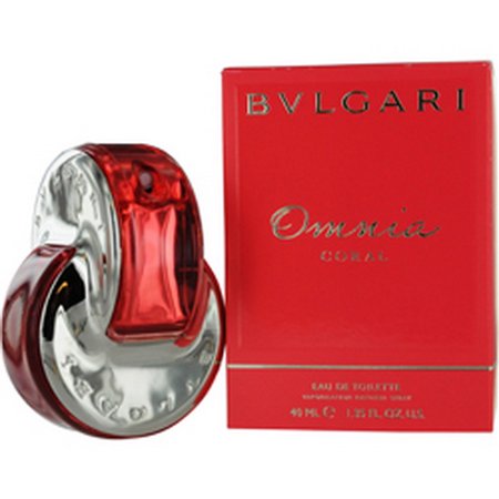 Bvlgari Omnia Coral Eau De Toilette in a curved red and clear bottle, accompanied by a matching red and silver box, featuring elegant branding on both.