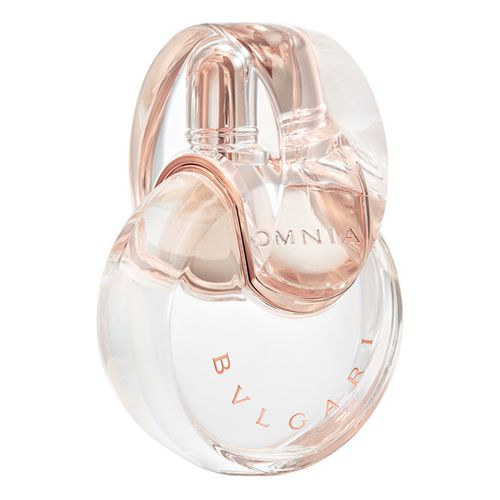 Clear glass bottle with a unique twisted design, featuring a light pink hue and the embossed text "OMNIA" and "BVLGARI" in elegant font.