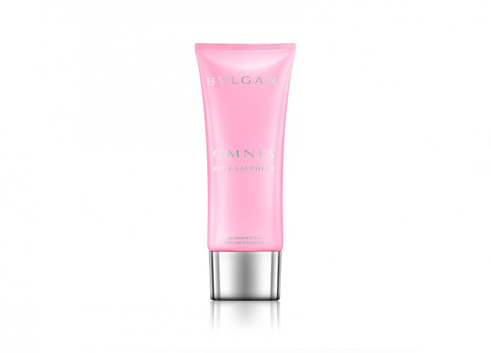 Pink tube of Bvlgari Omnia Pink Sapphire shower gel, featuring a sleek design with silver accents and white text, labeled for women, 3.4 oz size.