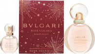 Bvlgari Rose Goldea Blossom Delight gift set featuring a 75ml EDP and a 15ml EDP in elegant glass bottles, presented in a festive red box with gold accents and fireworks design.