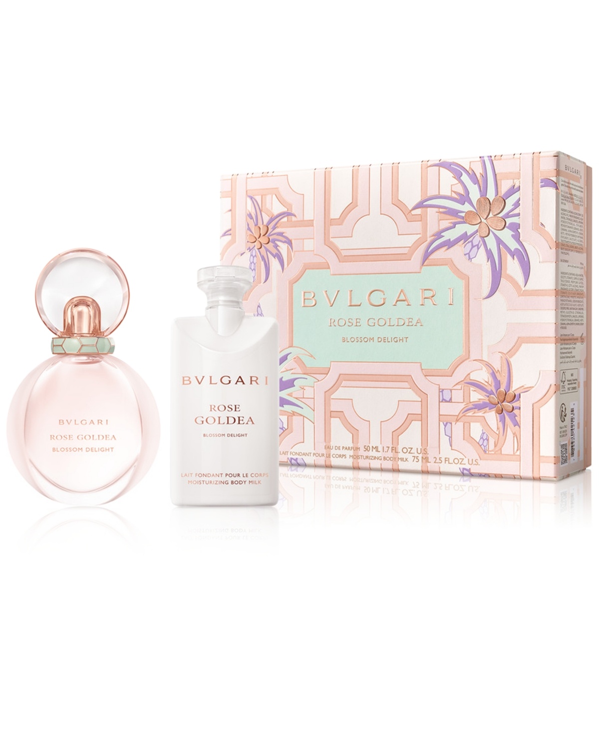 Bvlgari Rose Goldea Blossom Delight gift set featuring a 50ml pink glass EDP bottle with a round cap and a 75ml white body milk bottle, presented in a floral-patterned box.