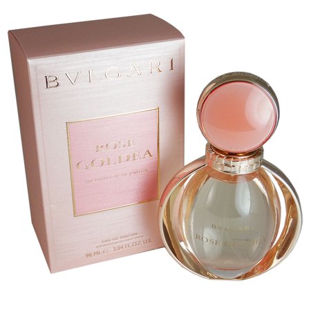 Bvlgari's Rose Goldea perfume features a clear glass bottle with a round pink cap, displayed next to a soft pink box with elegant gold lettering.