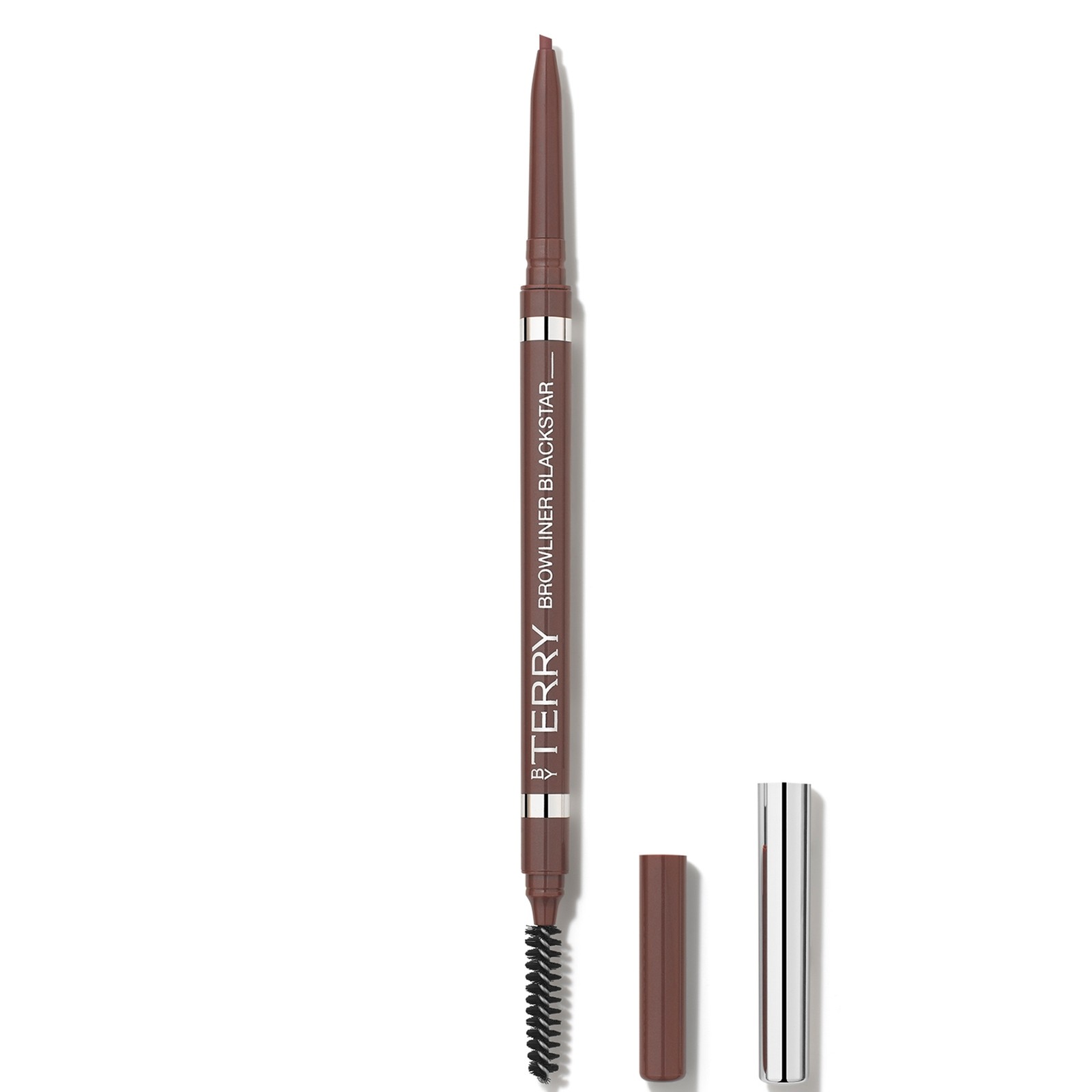 Browliner in auburn with a twist-up design, featuring a retractable pencil tip and a built-in spoolie brush for blending, packaged in a sleek silver and brown casing.