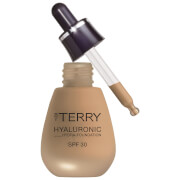Light beige liquid foundation in a frosted glass bottle with a dropper cap, labeled "BY TERRY Hyaluronic Hydra Liquid Foundation SPF 30" in elegant black font.
