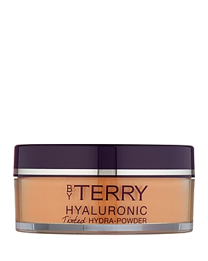 Hyaluronic Tinted Hydra-Powder in a clear jar with a purple lid, featuring a peach-toned powder visible through the container.