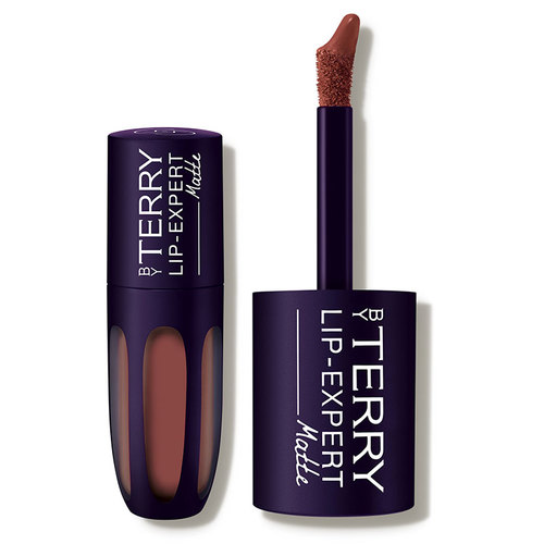 Deep mauve liquid lipstick in a sleek purple tube, featuring a doe-foot applicator for precise application, labeled "BY TERRY LIP-EXPERT Matte."