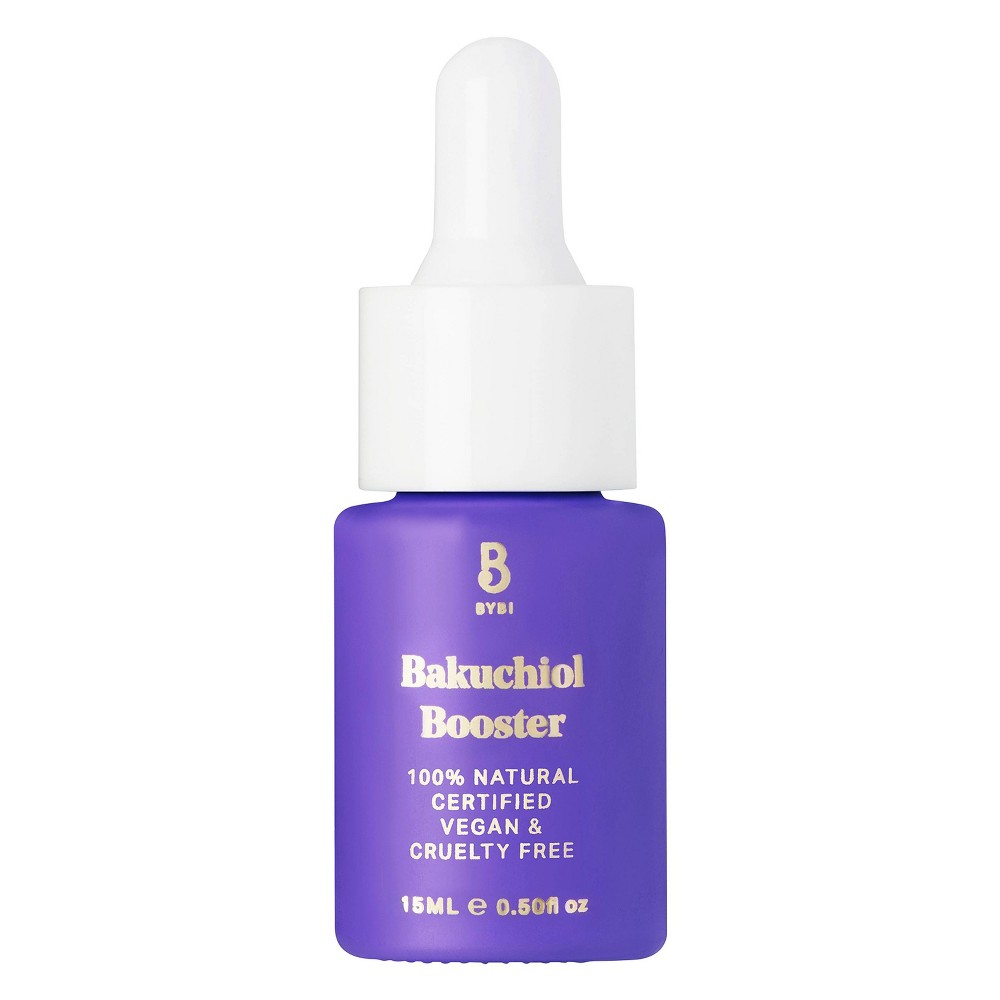 Purple glass bottle with a white dropper cap, labeled "Bakuchiol Booster" and "100% Natural, Certified Vegan & Cruelty Free," containing 15 mL of oil.
