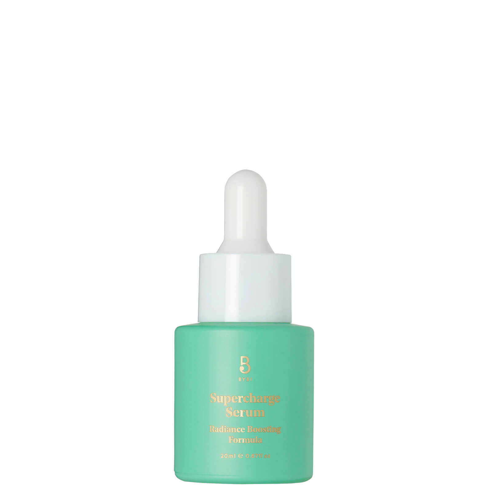 A mint green glass bottle with a white dropper lid, labeled "Supercharge Serum" in gold text, containing 20ml of radiance-boosting serum.