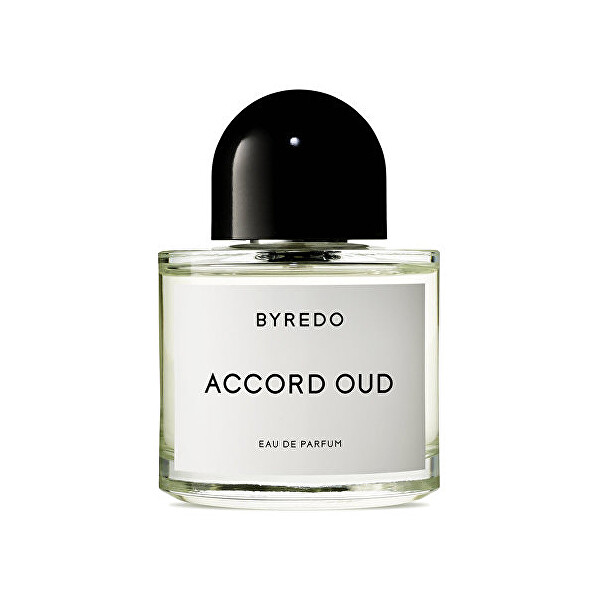 Clear glass bottle with a minimalist design, featuring a black cap and a white label that reads "BYREDO ACCORD OUD EAU DE PARFUM 50ml."