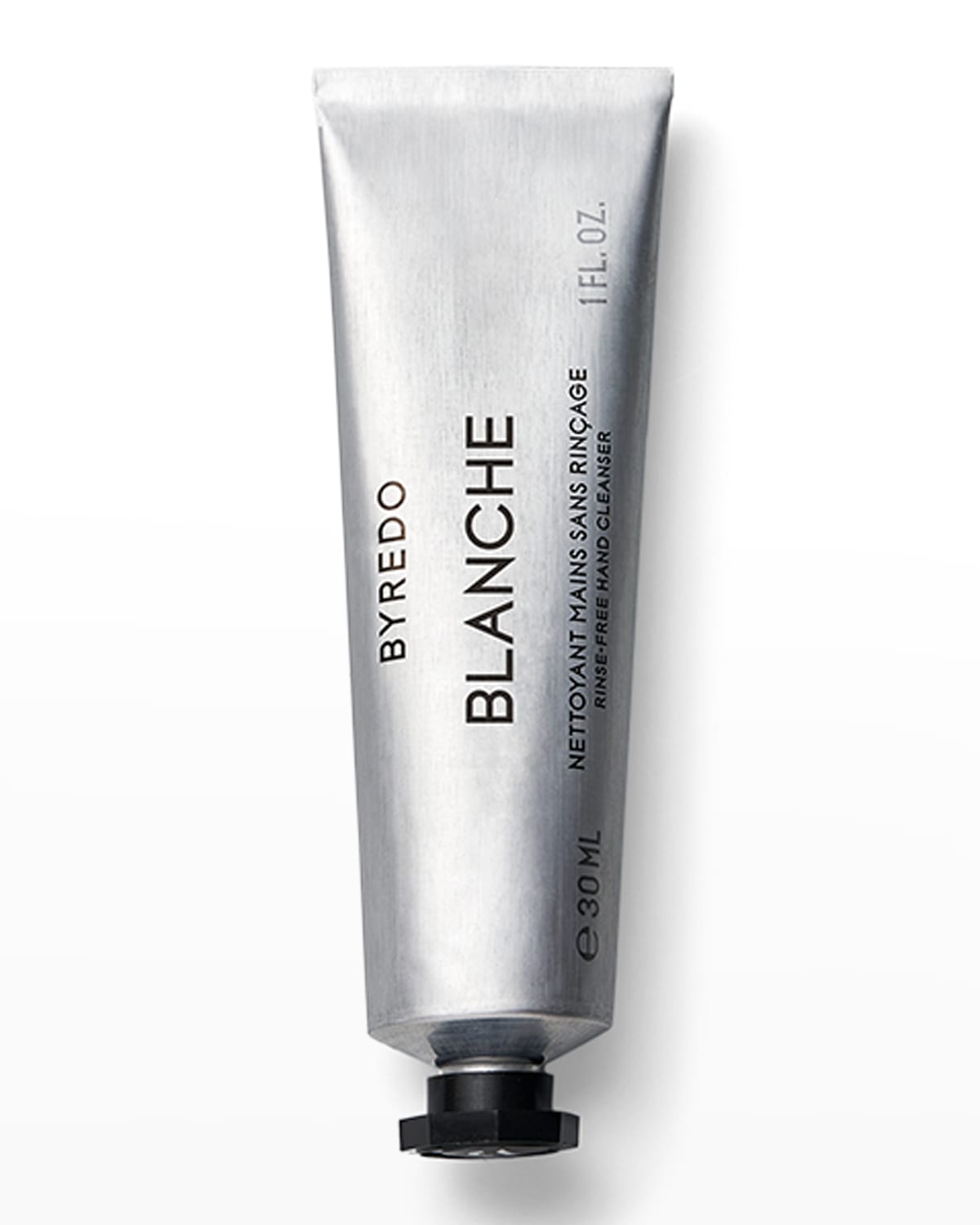 Silver metal tube with a black cap, labeled "BYREDO BLANCHE" in bold black text, contains 30ml of rinse-free hand cleanser.