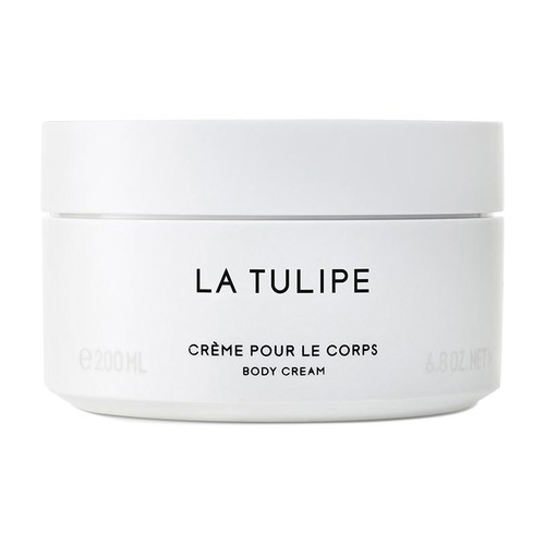 White cylindrical jar of Byredo La Tulipe Body Cream, labeled in black text, featuring a sleek, minimalist design with a 6.8 oz capacity.