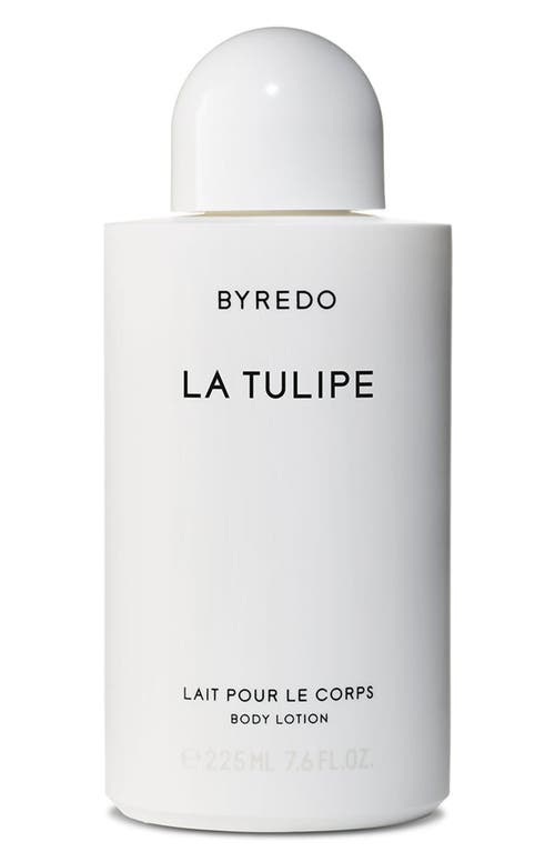 White cylindrical bottle of Byredo La Tulipe Body Lotion, featuring a minimalist design with black text and a rounded white cap, holding 7.6 oz of lotion.