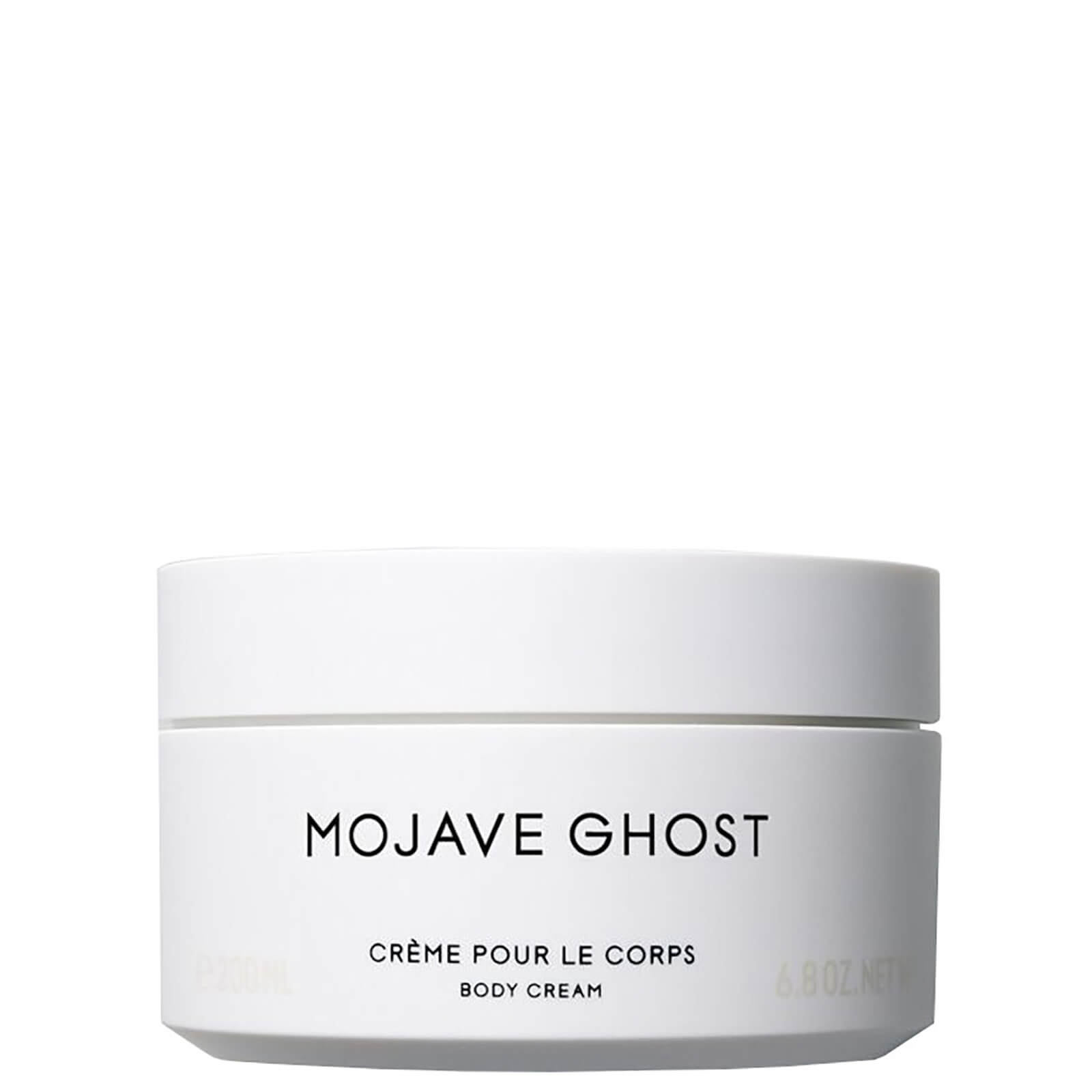 White cylindrical jar with a smooth finish, labeled "MOJAVE GHOST" in bold black letters, containing 6.8 oz of body cream, minimalistic design with a clean aesthetic.