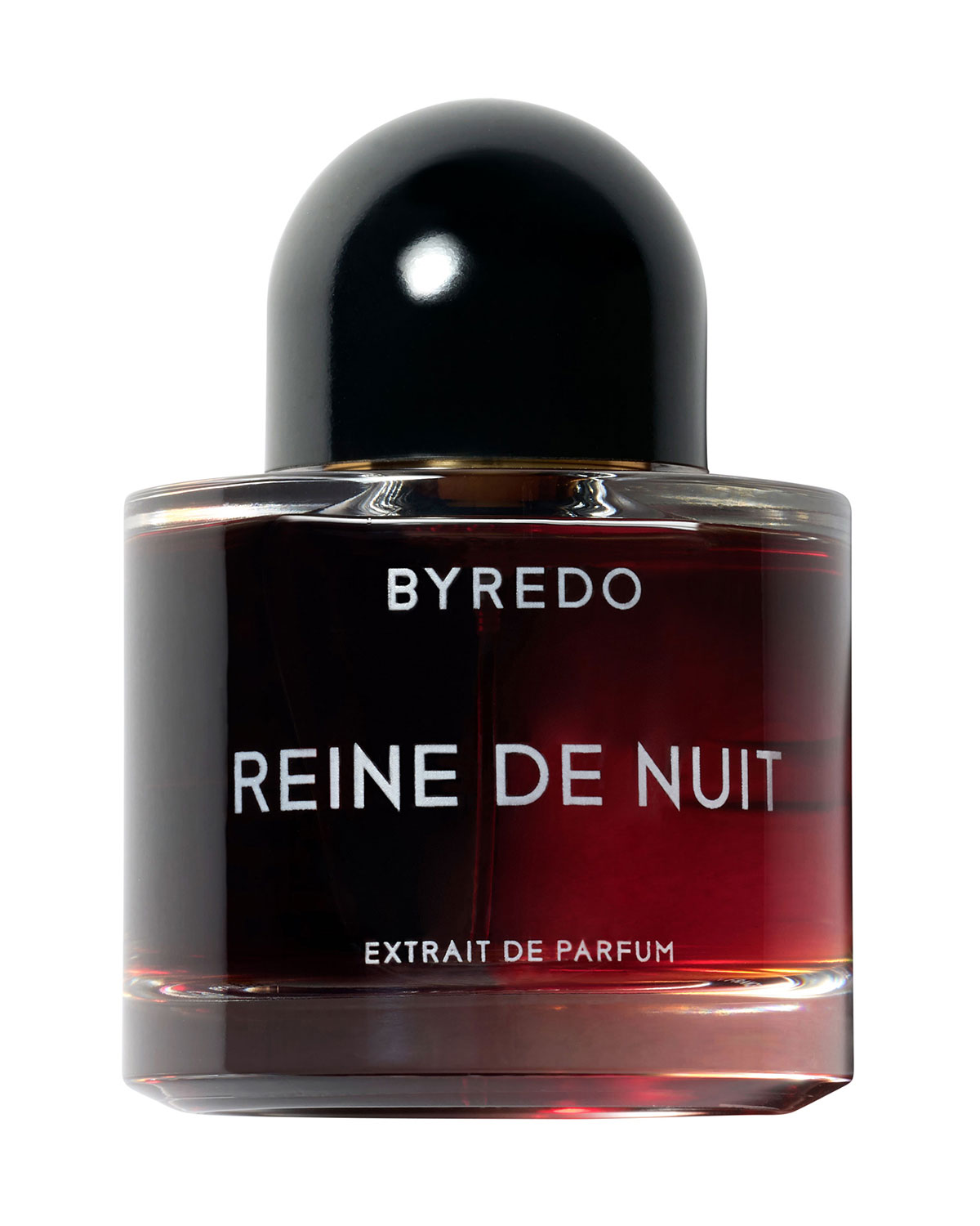 Black glass bottle with a rounded black cap, featuring white text that reads "BYREDO REINE DE NUIT EXTRAIT DE PARFUM," showcasing a deep amber liquid inside.
