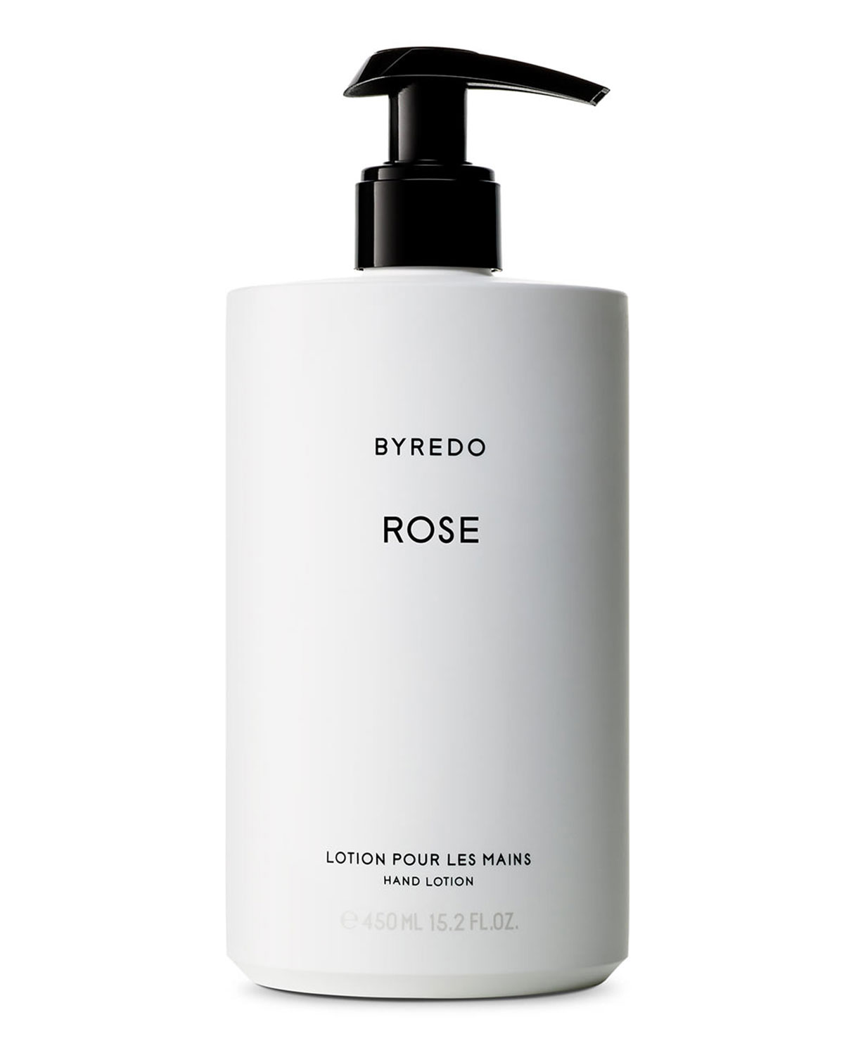 White cylindrical bottle with a black pump, labeled "BYREDO ROSE" and "LOTION POUR LES MAINS," containing 15.2 oz of hand lotion.