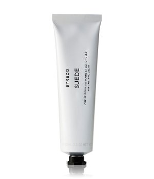 White tube of Byredo Suede Hand and Nail Cream, 3.4 oz, featuring minimalist design with black text and a flip-top cap, suitable for unisex use.