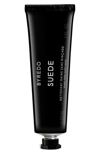 Black tube of Byredo Suede Rinse-Free Hand Wash, 30ml, featuring white text and a sleek design, with a silver cap at the bottom.