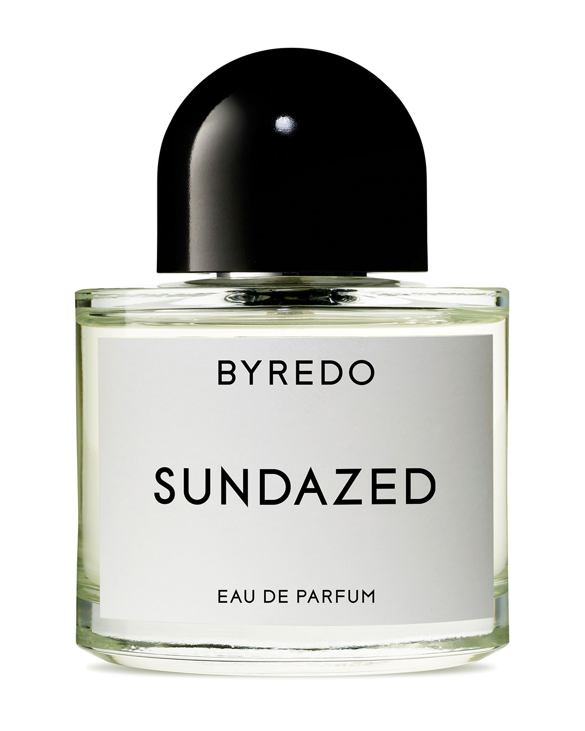 Clear glass bottle with a minimalist design, featuring a black cap and a white label that reads "BYREDO SUNDAZED" in bold black letters.