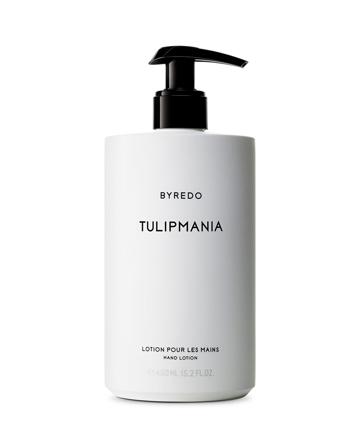 White cylindrical bottle of Byredo Tulipmania hand lotion, featuring a black pump top and minimalist text design in black, with a capacity of 15.2 oz (450 ml).