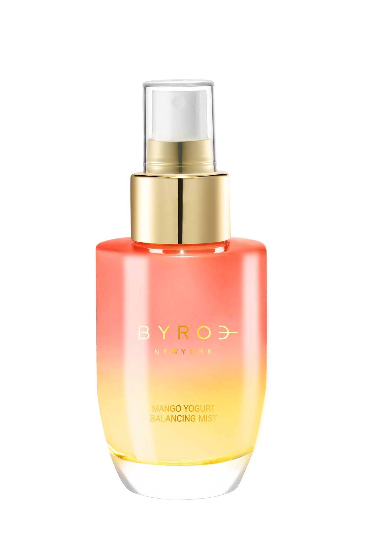 Yellow and orange gradient bottle of BYROE New York's Mango Yogurt Balancing Mist, featuring a gold pump cap and sleek design, labeled with product details.