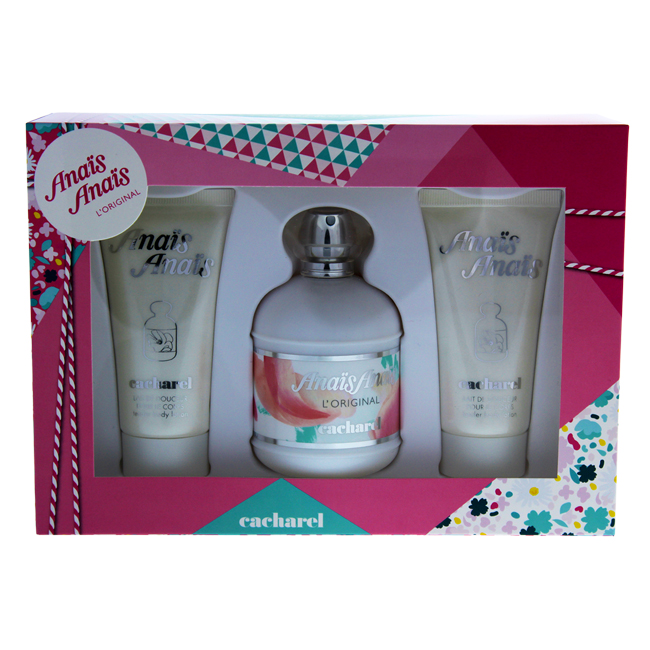 Three-piece gift set featuring a 3.4 oz EDT spray and two 1.7 oz perfumed body lotions in a decorative box with colorful geometric patterns and floral accents.