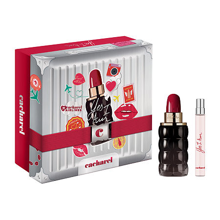 Cacharel Yes I Am Gift Set featuring a 1.7 oz black lipstick-shaped perfume bottle and a travel-sized spray, packaged in a colorful, stylish box with playful stickers.