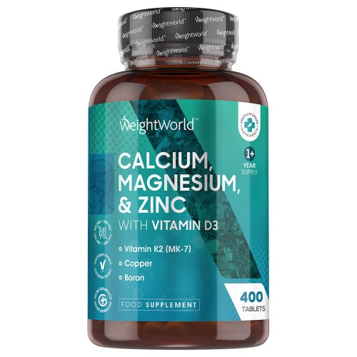 Brown plastic bottle with a green and white label, featuring "WeightWorld Calcium, Magnesium, & Zinc" text, contains 400 vegan tablets for bone and muscle health, with icons for vitamins and minerals.