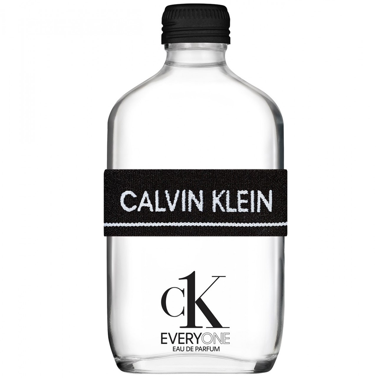 Clear glass bottle with a black fabric band featuring "CALVIN KLEIN" in white, labeled "CK EVERYONE" and "EAU DE PARFUM 50ml" at the base.