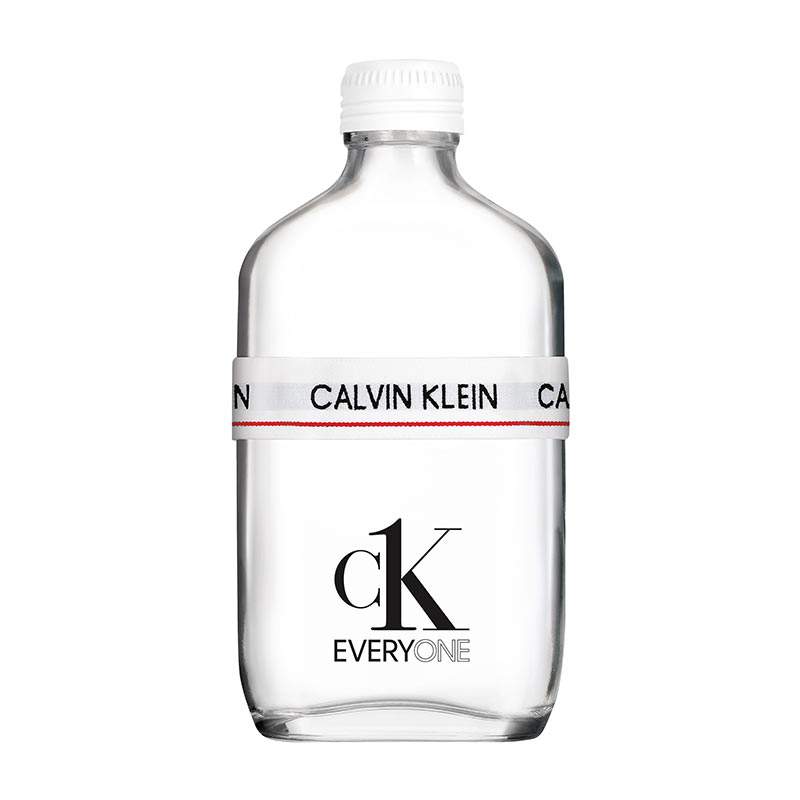 Clear glass bottle with a rounded shape, featuring a white label with "CALVIN KLEIN" and a red stripe, and "ck EVERYONE" printed in bold black letters.