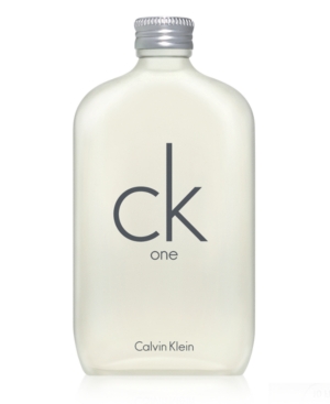 Clear glass bottle with a minimalist design, featuring a silver cap and a large "ck" logo in gray, labeled "one" and "Calvin Klein" at the bottom.
