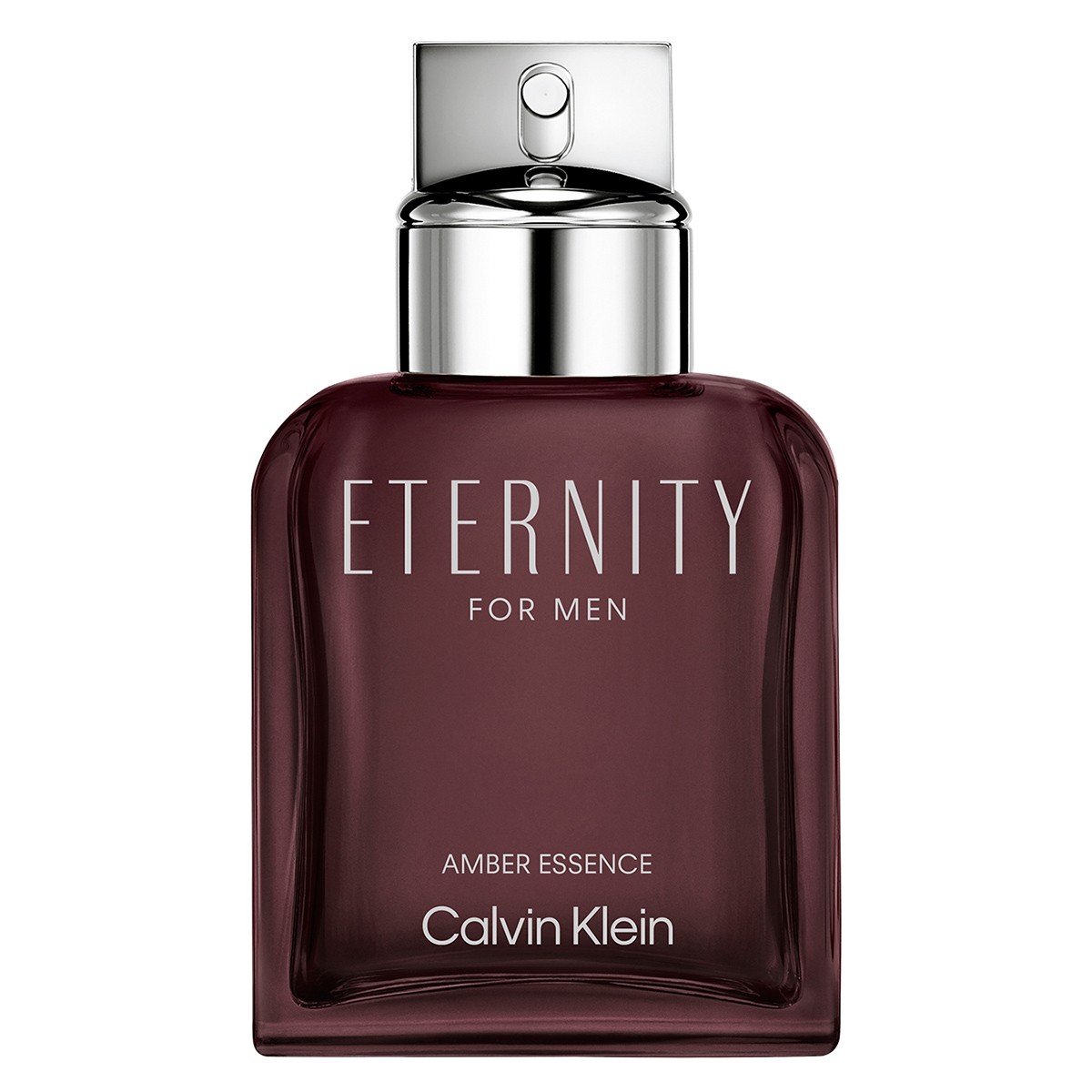 Dark amber glass bottle with a silver spray nozzle, featuring bold white text reading "ETERNITY FOR MEN" and "AMBER ESSENCE" by Calvin Klein, 3.3 oz size.
