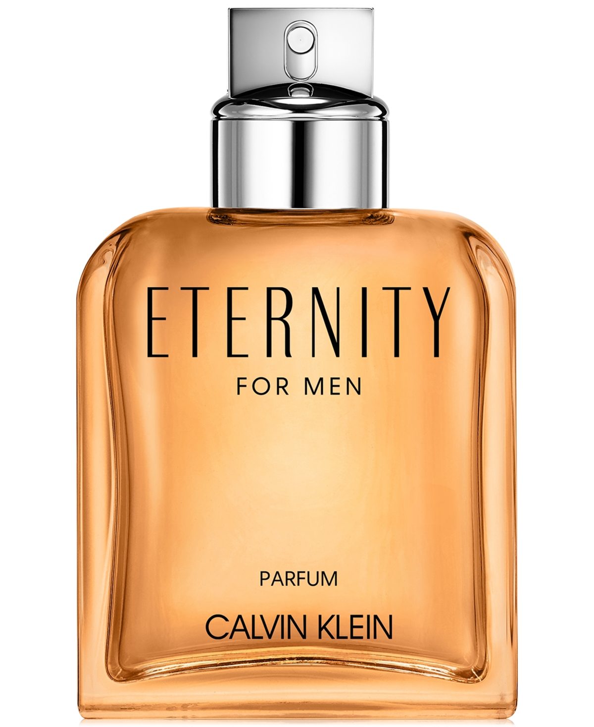 Clear glass bottle with a rectangular shape, featuring a silver spray nozzle, filled with amber-colored parfum and labeled "ETERNITY FOR MEN" in bold black letters.