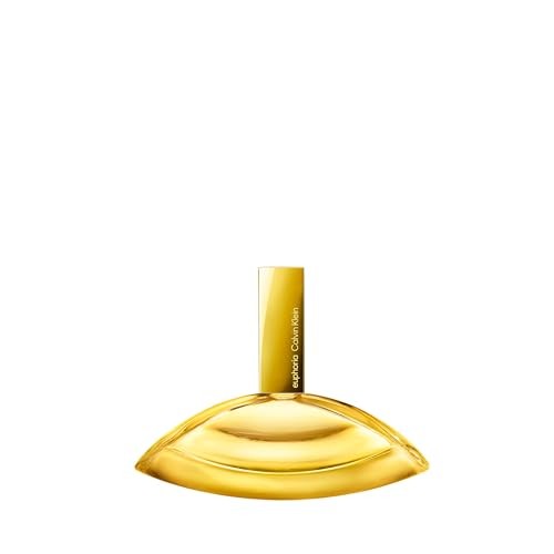 Clear bottle of Calvin Klein Euphoria Solar Elixir Parfum Intense, featuring a curved, golden design with a sleek gold cap and minimalist branding on the side.