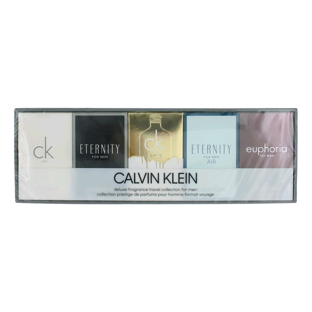 Calvin Klein Mini Set for men featuring five travel-sized fragrance bottles in a sleek box, including CK One, Eternity, and Euphoria, with a mix of black, white, and gold packaging.