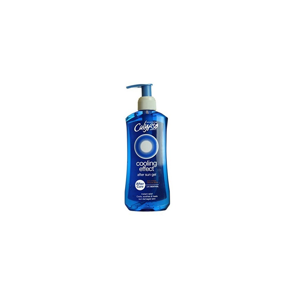 Calypso After Sun Cooling Effect Gel in a blue plastic bottle with a pump dispenser, featuring a circular logo and white text on the front.