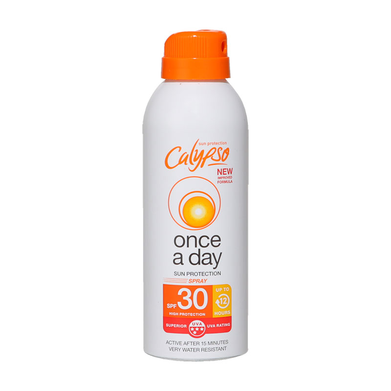White spray bottle with an orange cap, featuring the Calypso logo and "Once a Day" text, indicating SPF 30 sun protection and water resistance for up to 12 hours.