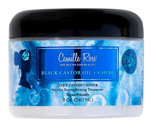 Camille Rose Black Castor Oil & Chebe Deep Conditioner in an 8 oz clear jar with a blue label featuring a silhouette and floral design, highlighting its vegan-friendly formula.