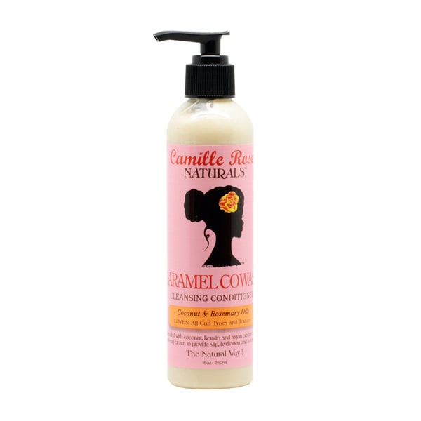 A 240 ml bottle of Camille Rose Caramel Co-wash Cleansing Conditioner featuring a pink label with a silhouette and floral design, topped with a black pump dispenser.