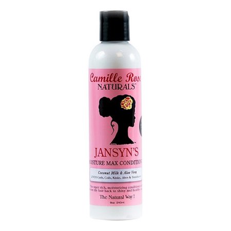 White plastic bottle with a black cap, featuring a pink label with a silhouette of a woman’s profile and the text "Camille Rose Jansyn S Moisture Max Conditioner – 8 Oz."