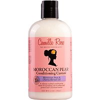 A 12 oz bottle of Camille Rose Moroccan Pear Conditioning Custard, featuring a pink label with a silhouette of a woman and a floral design, and a white, smooth plastic body.